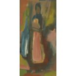 Oil onto board abstract composition of a standing lady, bearing an inscription to the reverse '