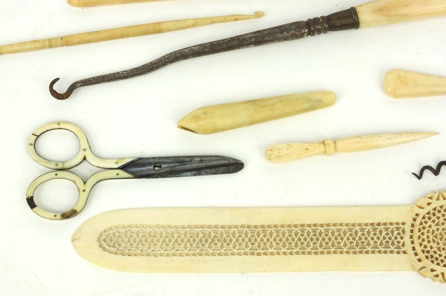 Bone corkscrews, buttonhooks, scissors and a pierced bone letter opener, Samuel Mordan propelling - Image 3 of 8