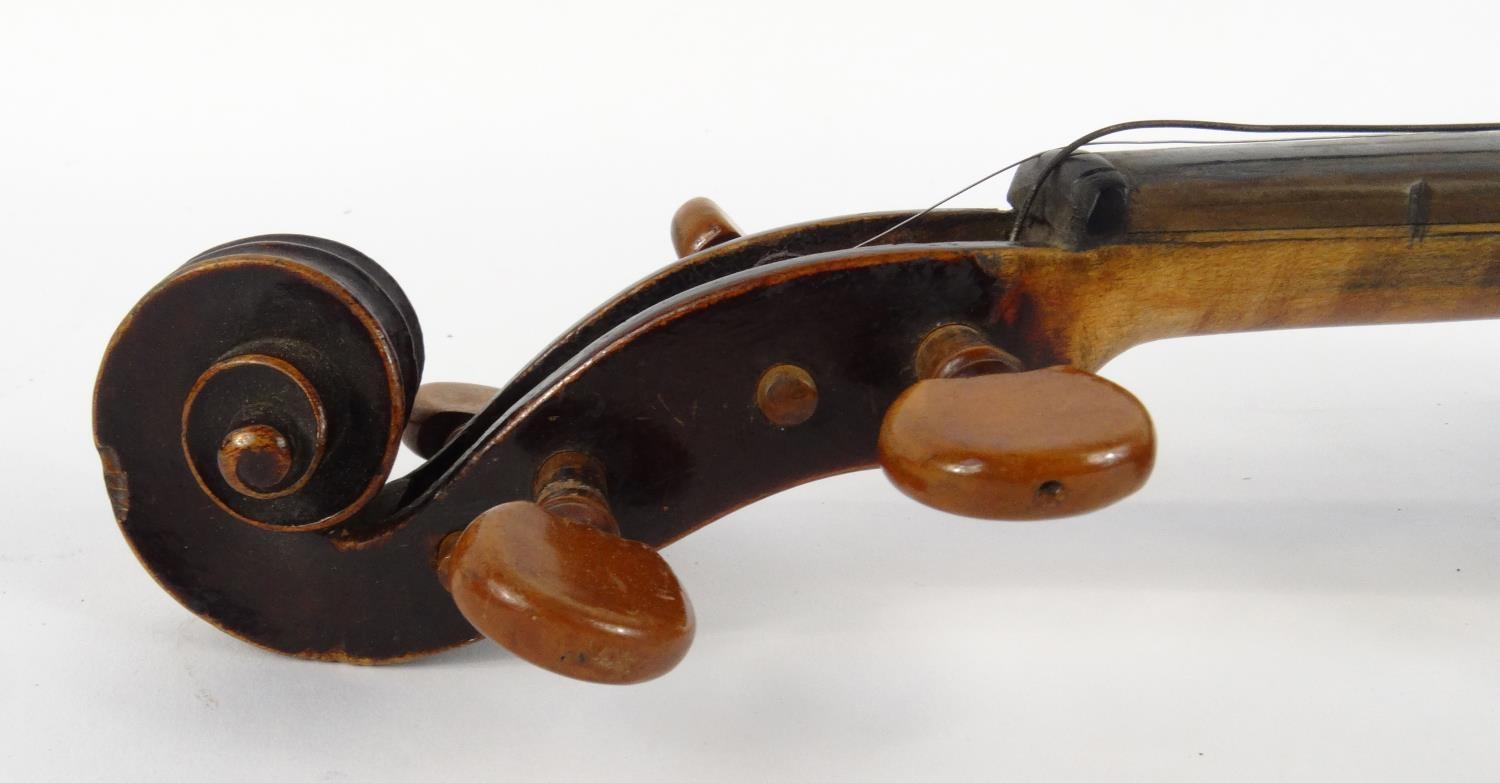 Old wooden violin and a bow with mother of pearl frog, the violin 59cm long - Image 7 of 20