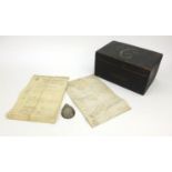 Military interest sailor's ditty box with certificate for wounds and hurts after leg amputation in