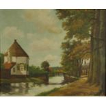 H.E. Roodenburg - Dutch oil onto canvas view of a bridge over a tree-lined river, mounted and gilt