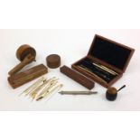 Selection of wooden items including boxed drawing set with miniature ivory ruler, boxed compass,