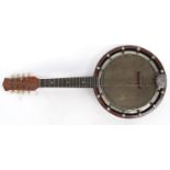 Cased wooden banjo, John Grey London, 60cm diameter