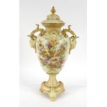 Large German Rudolstadt porcelain twin handled urn and cover hand painted with floral decoration,