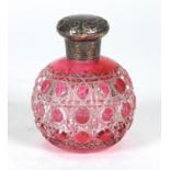 Cranberry cut glass scent bottle with silver lid, hallmarked R&B Sheffield 1901, 7.5cm high