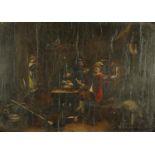 Oil onto panel of a tavern scene, part label to the reverse and inscribed D. Teniera?, gilt