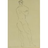 Pen and ink composition of a nude man standing, bearing an indistinct signature to the lower left,