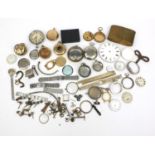 Collection of pocket watch movements, cases, straps, dials, etc, including Waltham