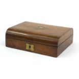 Victorian burr walnut dome topped workbox with brass cartouche and escutcheon, 10cm high x 28cm wide