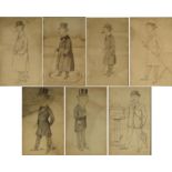 Seven ink caricatures including horseracing and Dunlop examples, bearing a signature Pia Jabberaul?,