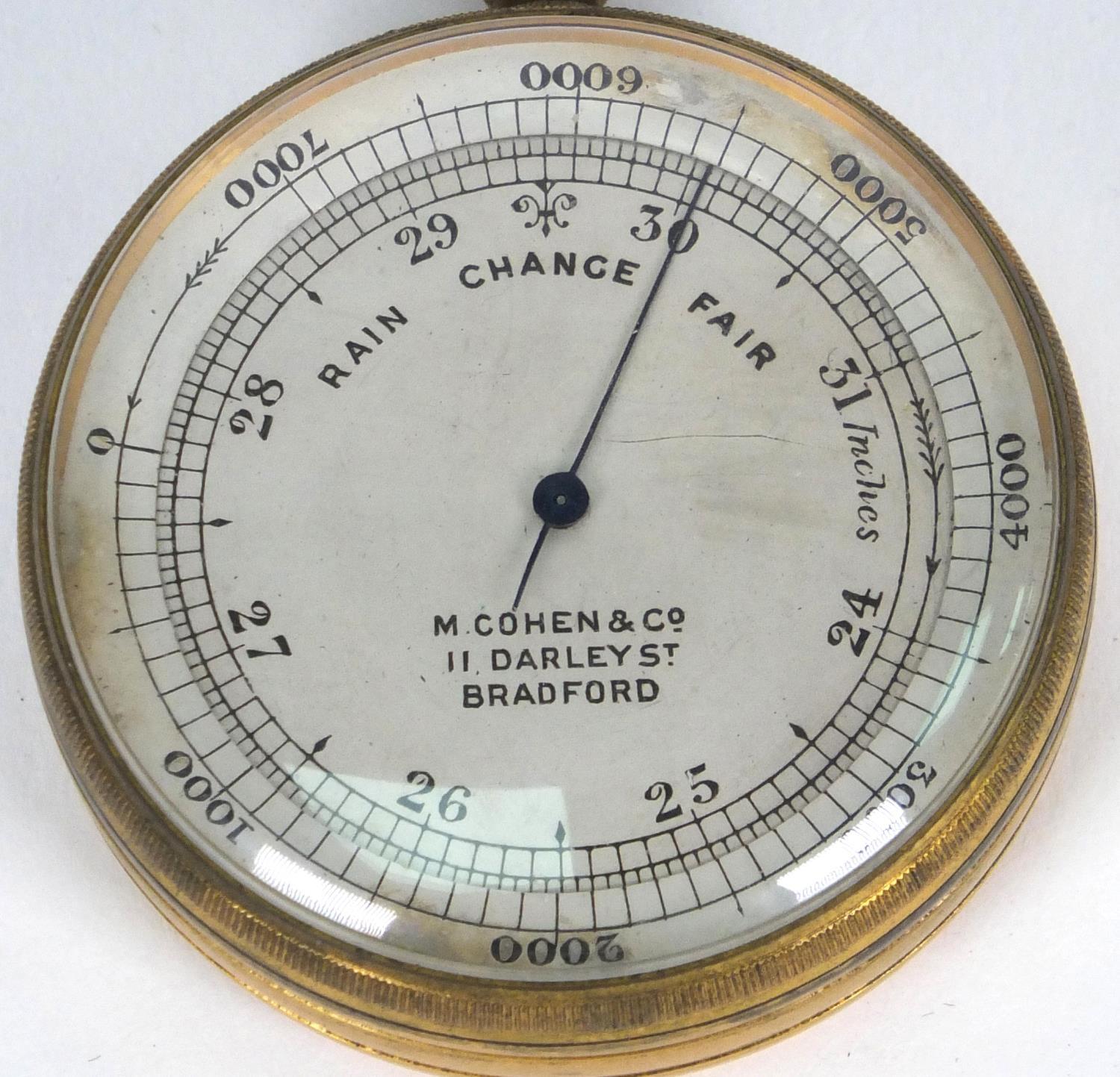 Brass pocket barometer with silvered dial, M. Cohen & Co, 11 Darley Street, Bradford, 4.5cm diameter - Image 2 of 3