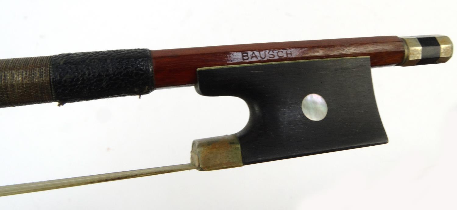 Wooden violin bow, stamped 'Bausch', 74cm long - Image 3 of 9