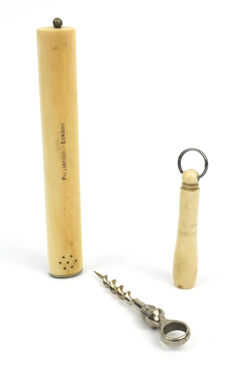 Pillischer London ivory thermometer and an ivory steel corkscrew, the thermometer 13cm long - Image 5 of 7