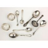 Silver items comprising four teaspoons, pair of napkin rings, sifting spoon and a sterling silver