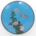 Oriental cloisonné plate decorated with chrysanthemums and a bird