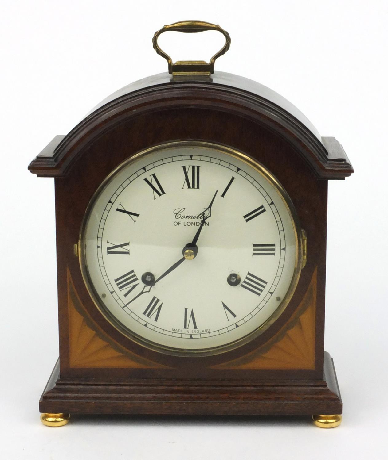 Inlaid mahogany Comitti of London mantel clock, with brass handle, 25cm high including the handle