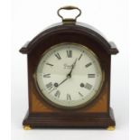 Inlaid mahogany Comitti of London mantel clock, with brass handle, 25cm high including the handle