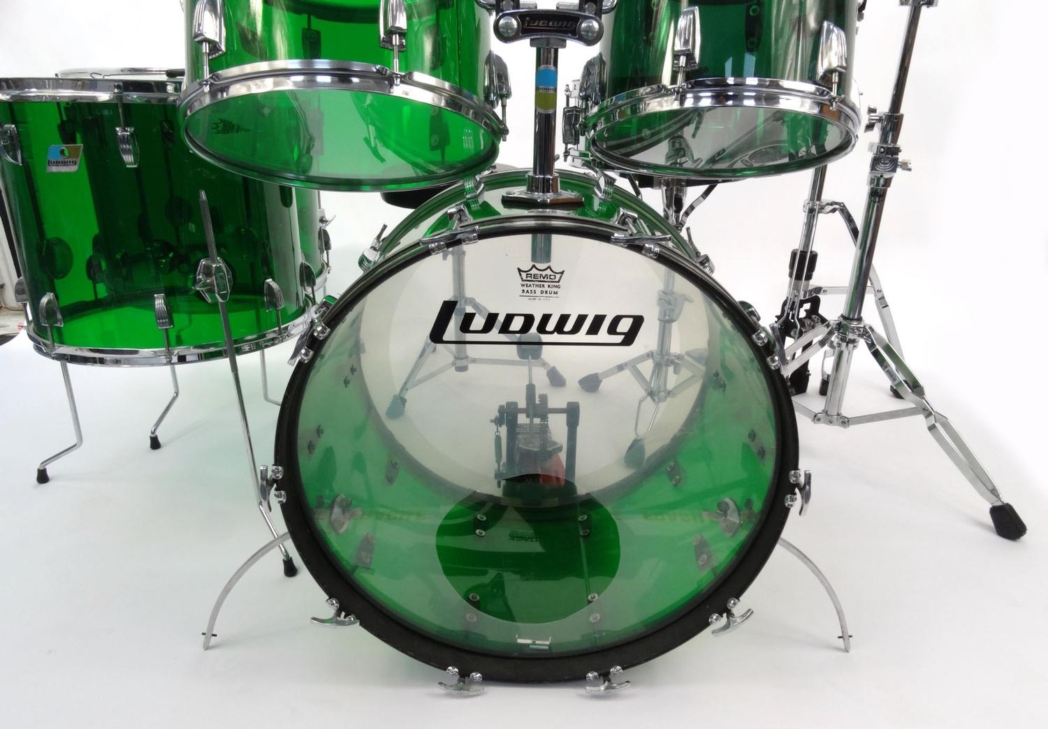 Five piece 1970s Ludwig green Vistalite drum kit comprising 22inch base drum, 12 and 14inch toms, 16 - Image 8 of 21