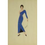 Watercolour onto paper of an Art Deco female in a dress, bearing a monogram, mounted and framed,