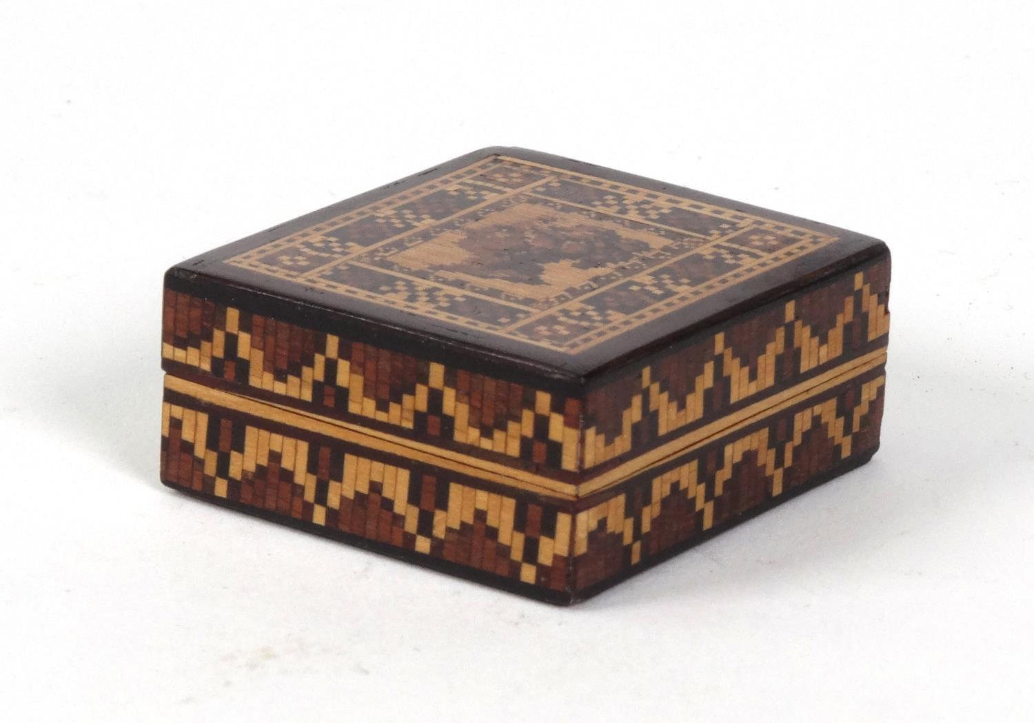 Victorian wooden Tunbridge ware stamp box decorated with a bust of Queen Victoria, 4cm x 3.5cm - Image 2 of 6