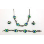 Silver blue and green enamel jewellery suite comprising necklace, bracelet and a pair of earrings,
