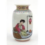 Oriental Chinese porcelain vase hand painted with a lady, character mark to base, 12cm high