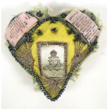 Military interest soldier's silk heart shaped beaded cushion 'Think Of Me, Absence Makes My Heart