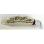 Boar's tusk bottle opener decorated with zebras, 21cm long