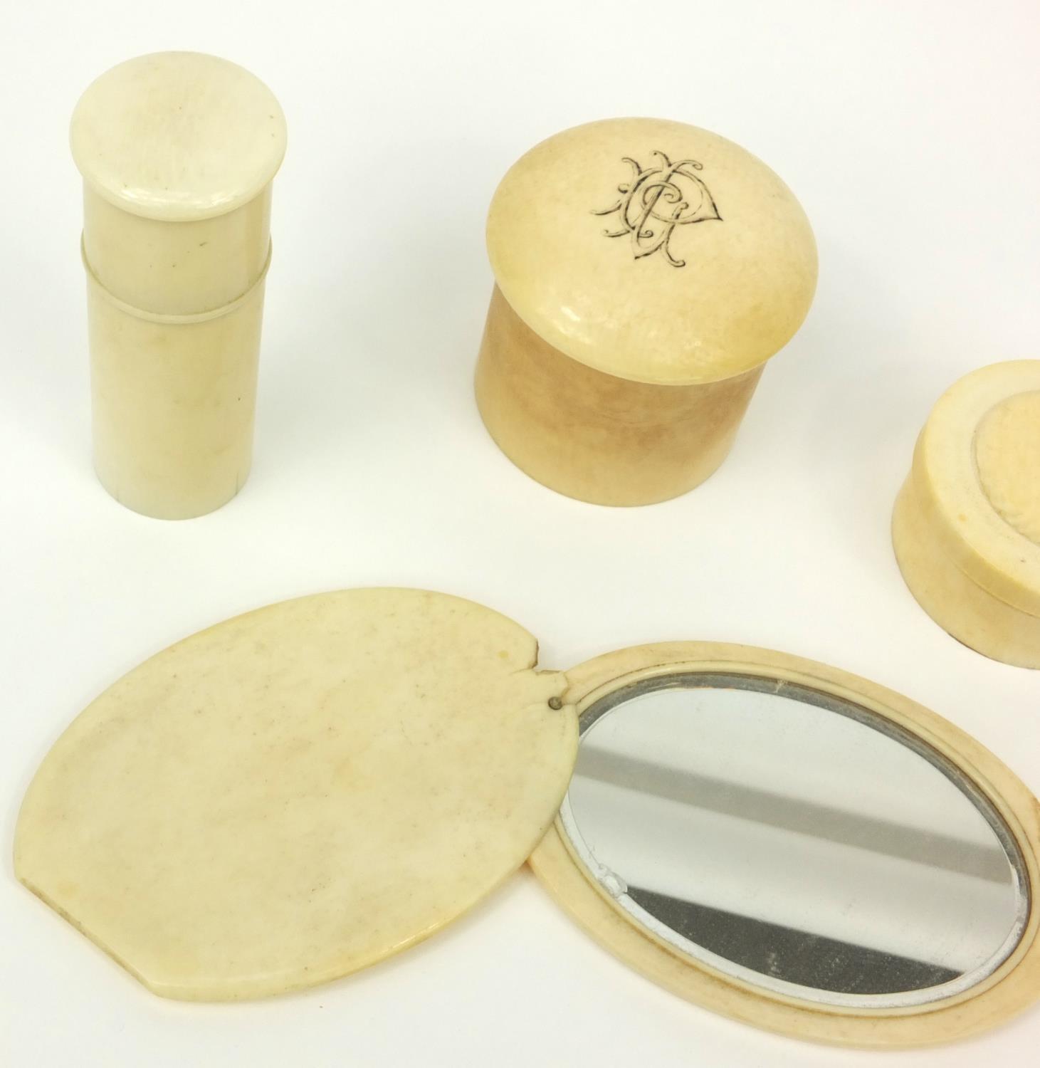 Three ivory screw top containers, together with an ivory hand mirror, the hand mirror 11cm long when - Image 3 of 5