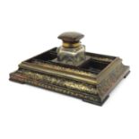 Aspreys of London Victorian rosewood tortoiseshell boulle work pen stand with cut glass bottle, 24cm
