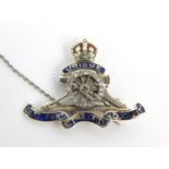 Military interest silver enamel and diamond artillery brooch, 3.5cm high