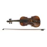 Old wooden violin, stamped Hopf, and a wooden bow with mother of pearl floral inlay, the back 37cm