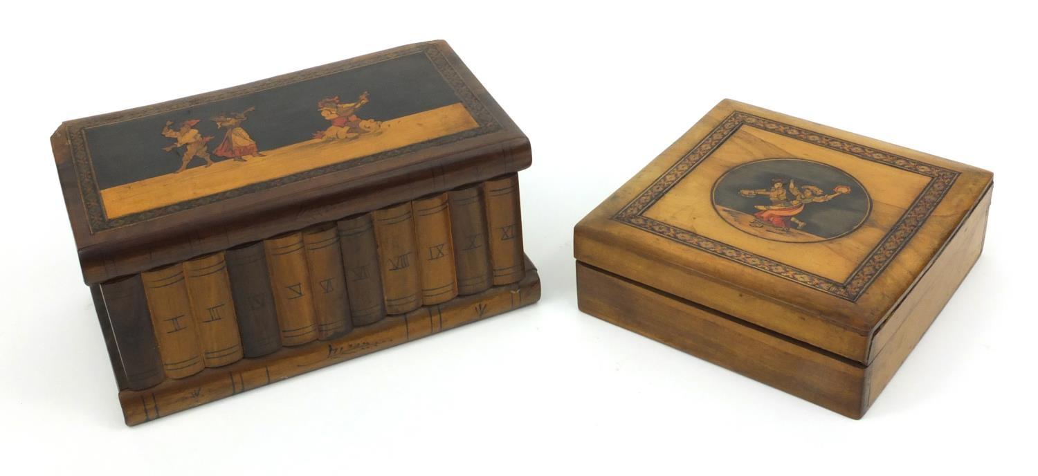 Continental wooden book shaped casket inlaid with dancers, together with a similar box inlaid with