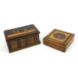 Continental wooden book shaped casket inlaid with dancers, together with a similar box inlaid with