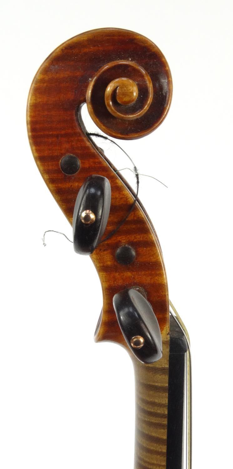 Cased wooden violin with paper label 'Paolo Fiorini Taurini 1928', the back 37cm long - Image 4 of 13