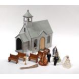 Dolls' house church with furniture, wired for electric use, 62cm high x 56cm wide x 31cm deep