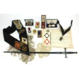 Group of Scottish Rite Masonic regalia and jewels including 18ct gold jewel, silver and enamel