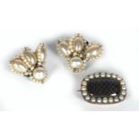 Victorian gilt metal mourning brooch and a pair of white metal pearl earrings