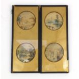 Pair of framed miniature watercolours of church, pond, bridge and houses, each frame 19cm x 8cm