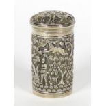 Indian silver pot and cover decorated with figures and animals, 8cm high Generally good condition,