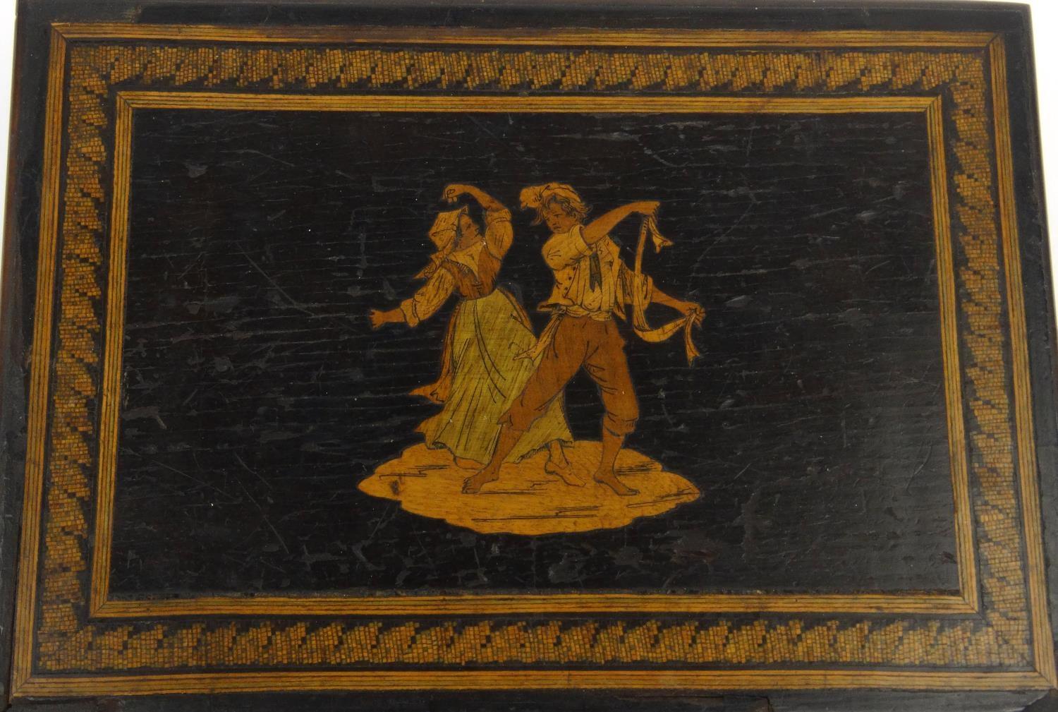 Continental inlaid wooden box, the lid decorated with dancers, 24cm diameter - Image 2 of 4