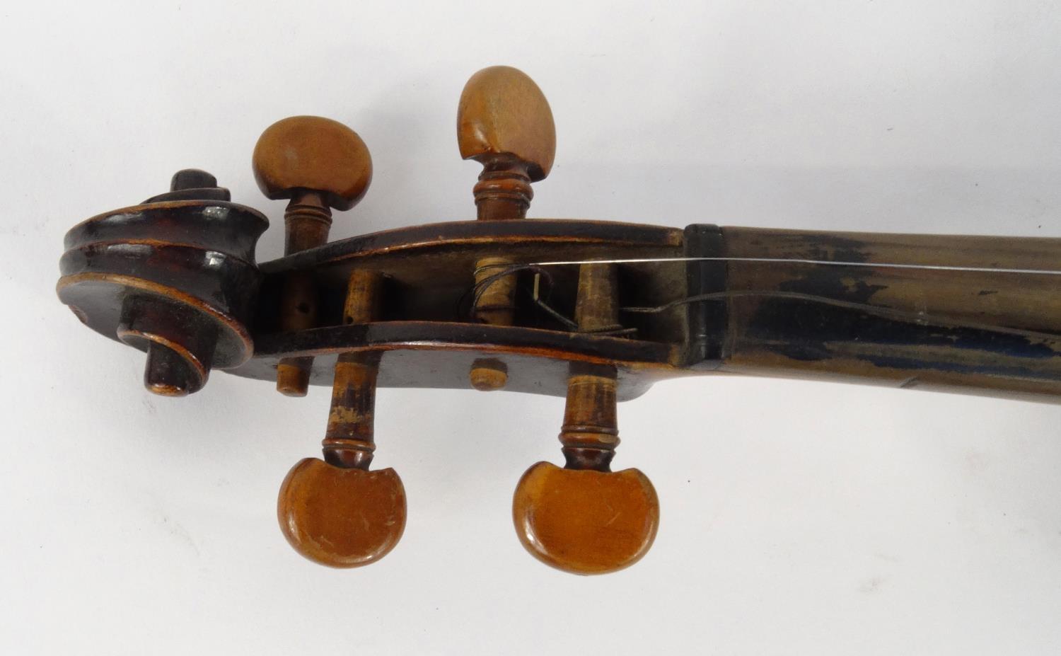 Old wooden violin and a bow with mother of pearl frog, the violin 59cm long - Image 6 of 20