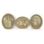 Three antique silkworks including a pair - one of a lady watering flowers and one standing with a