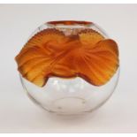 Lalique Erimaki amber frosted glass lizard bowl , etched Lalique France mark and paper label, 23cm