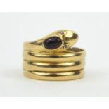 Designer 18ct gold serpent ring set with diamond eyes and a cabochon garnet, size P, approximate