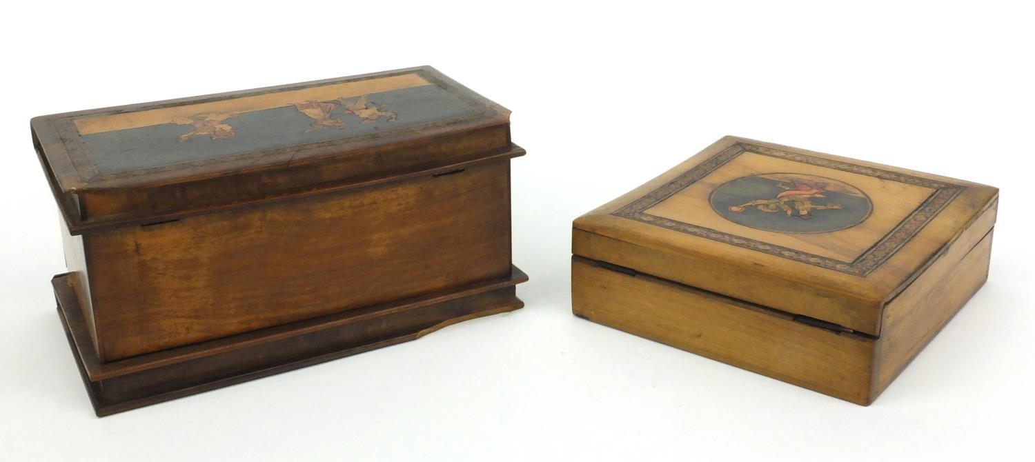 Continental wooden book shaped casket inlaid with dancers, together with a similar box inlaid with - Image 4 of 5