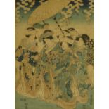 Japanese woodblock print of geisha girls, with signatures, inscription to the reverse, mounted and