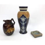 Three Royal Doulton stoneware items comprising Art Nouveau vase, ashtray and a Kings ware jug