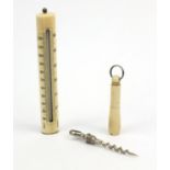 Pillischer London ivory thermometer and an ivory steel corkscrew, the thermometer 13cm long