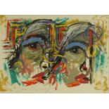 Mixed medial onto paper abstract composition of faces, bearing a signature Jean Tincuely?, Polizzi
